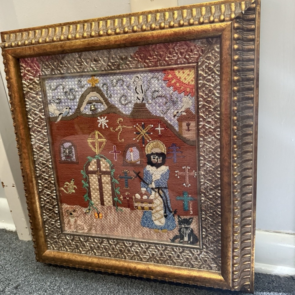 VTG Crewel Religious Needlepoint Priest‎ Saint Cats Dogs Wall Art 17"x16" Church - Picture 8 of 13